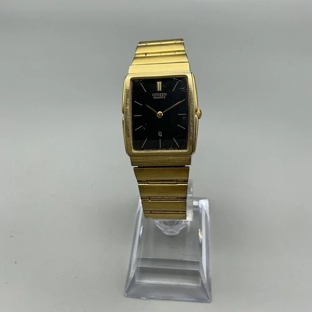 Vintage Citizen 6020 Mens Watch 25mm Black Dial Gold Tone Bracelet For Parts